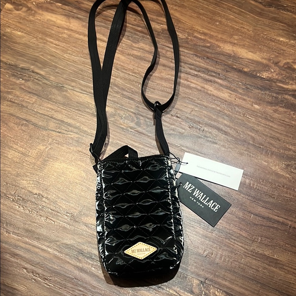 MZ Wallace Black Quilted Patent Crossbody Phone Pouch